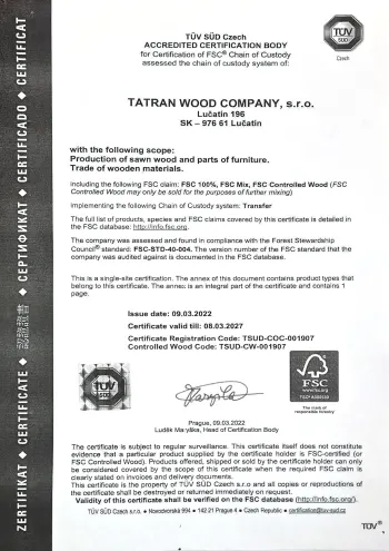 FSC Chain of Custody certifikát (anglická verzia) – TSUD-COC-001907