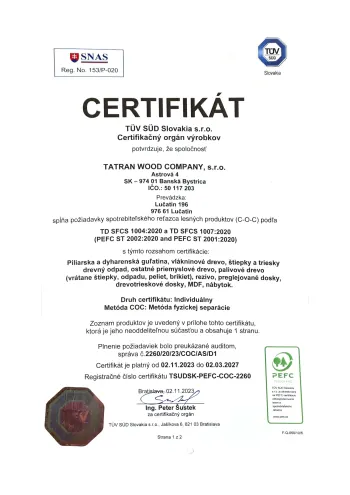 Certifikát PEFC spotrebiteľského reťazca (C-o-C) – TÜV SÜD Slovakia, TSUDSK-PEFC-COC-2260