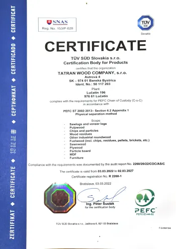 PEFC Chain of Custody certifikát (anglická verzia) – TÜV SÜD Slovakia